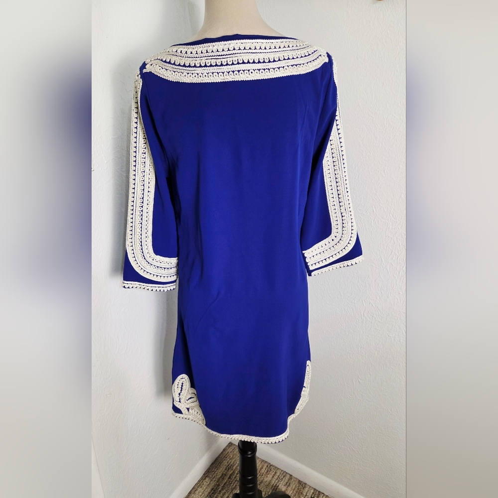 Camilla Tree Royal Blue Shift Dress with White Embroidered Trim, Size Medium - Picture 6 of 9